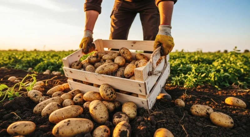 Golden fresh potatoes at harvest ready for processing and delivery